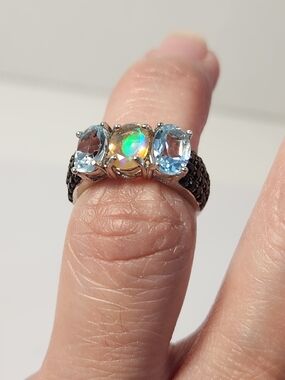 NIB VTG 925 Three-Stone Blue Topaz Natural Ethiopian Opal Spinel Ring Sz 4-4.5